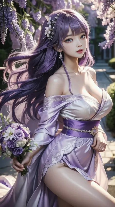 on street, lavender violet color, a woman in a wedding dress，holds a bouquet of flowers, lalisa manobal, album art, official art...