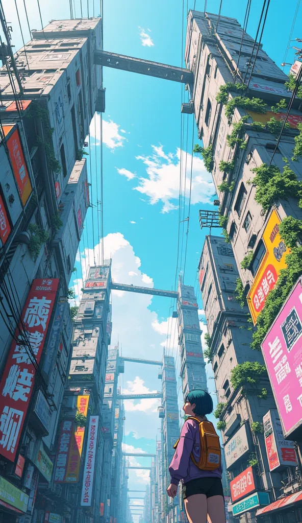 An anime-style scene in a futuristic, cyberpunk cityscape viewed from a very low angle, looking up at the towering, worn-down buildings. The buildings feature large, colorful billboards and neon signs, blending decayed urban structures with futuristic technology, some are slightly overgrown with patches of greenery. Overhead, there are interconnected bridges and wires stretching across the sky, which is bright with soft clouds. Among the tall buildings, at the bottom right corner of the image, stands a young girl with short, dark blue hair stands with her back to the viewer, wearing a backpack and a jacket adorned with patches. She gazes upward in awe, overwhelmed by the towering structures. All the buildings are so tall that they disappear into the clouds in the sky. The scene is full of vibrant colors and detailed line work, typical of anime-inspired art.