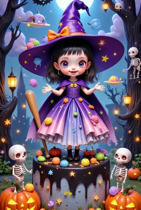 a cute little witch in a princess dress standing on a cake, holding a baseball bat, candy , lively, skeletons, mummies, spooky h...