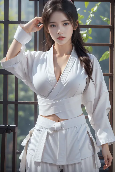 ( i can see a sports underwear )、((( sexy karate costume )))、 female karate player with bangs and ponytail、 showing belly button...