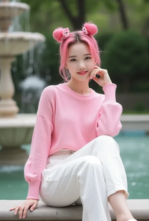  A Korean beauty wears a pink knit and white crincle culottes ,, stylish hair juncir horse on the bottom of pink hair ,,wearing white heels  ,,, sitting near a fountain  