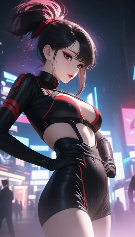 komi_shouko, conceptual installation line artwork, cool beauty, red glossy silky messy short ponytail, forehead, makeup, amorous expression, cortesy, elegance, dignity, captivating eyes, curvaceous, wearing cyberpunk combat uniform, background cyberpunk ni...