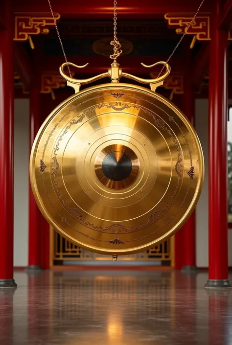 A huge, shiny gold plated, smooth Chinese gong hanging from the ceiling, brilliant mirror finish, metal plated