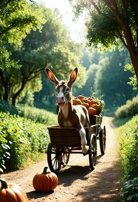 3D animated scene, donkey pulling a cart loaded with pumpkins, farmer leading the donkey, pumpkins rolling off the cart, farmer and donkey unaware, comedic touch, heartwarming atmosphere, 8k quality, highly detailed, vivid colors, photorealistic, intricate...