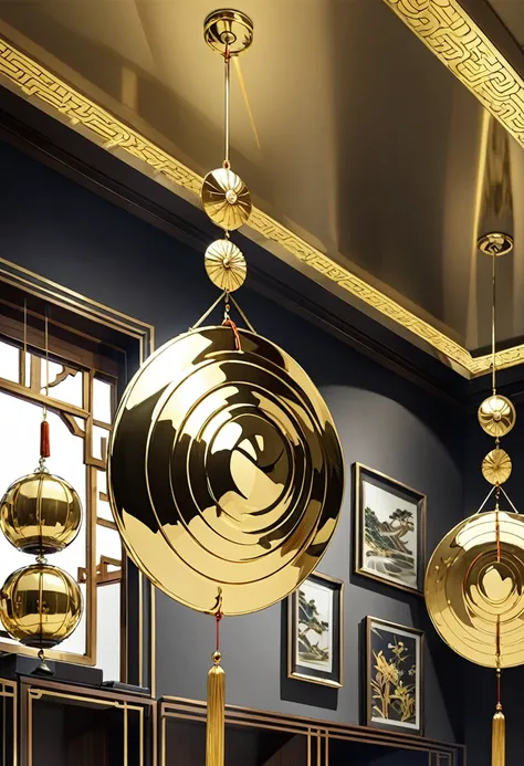 A huge, shiny gold plated, smooth Chinese gong hanging from the ceiling, brilliant mirror finish, metal plated