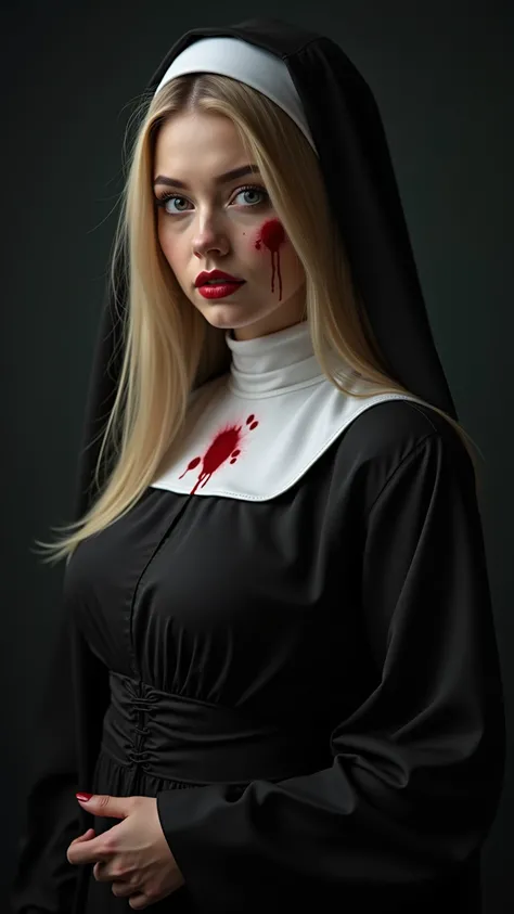 8k, realistic,  perfect light effects, real 8k photo , real Caucasian woman , light skin, 20 years, blonde,  long straight hair , perfect face, delicate body,  big and perfect breasts , perfect body curves,  perfect details real ,  wearing Bloody Nun Hallo...