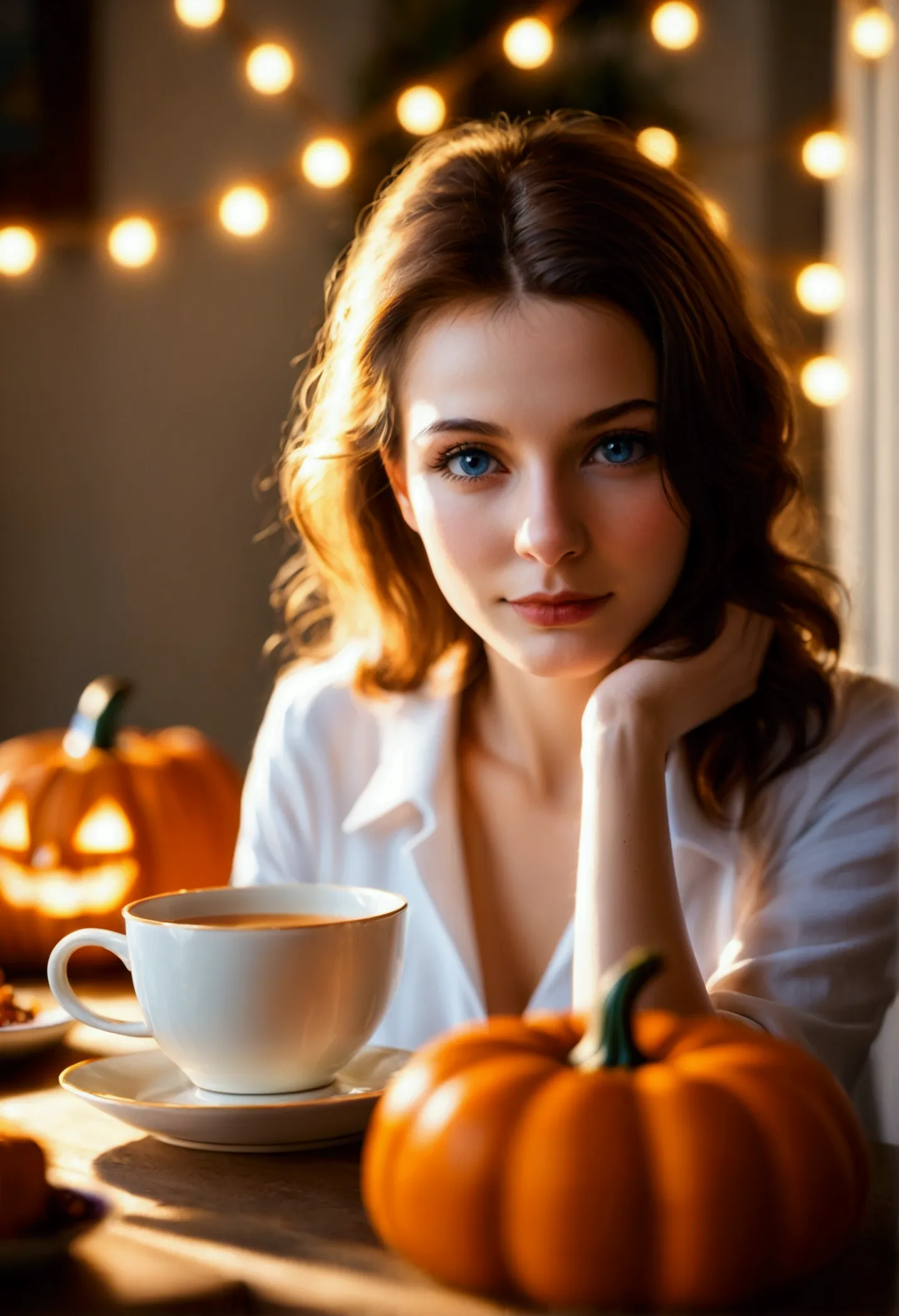 a close up of a delicious pumpkin pie, beautiful lighting, a cup of tea beside it, afternoon tea time, 8k, high quality, realist...