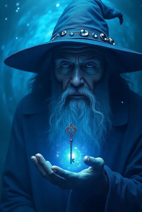 Make a wallpaper where have a wizard face whit a key and with a large background using blue colors