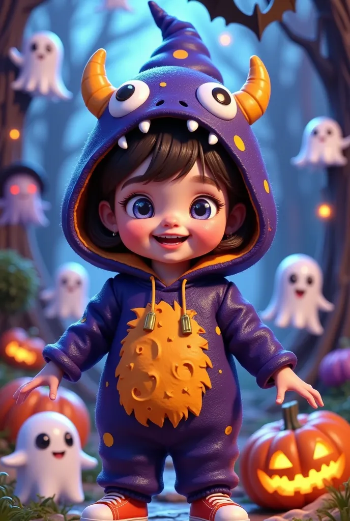 draw a   (cute and whimsical halloween character:1.3) in one (monster costumes:1.2) surrounded ( friendly ghost :1.15) and ( mys...