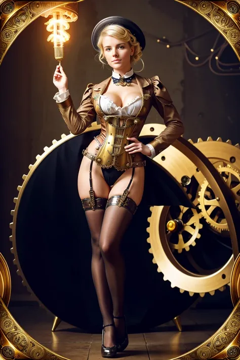 Create a mesmerizing image of a steampunk beautiful blonde pin-up engineer in a Victorian-inspired outfit, surrounded by swirling gears and atmospheric steam. small breast, no pants1.6, vulva1.1, full height, full body1.7, Emphasize intricate details like ...