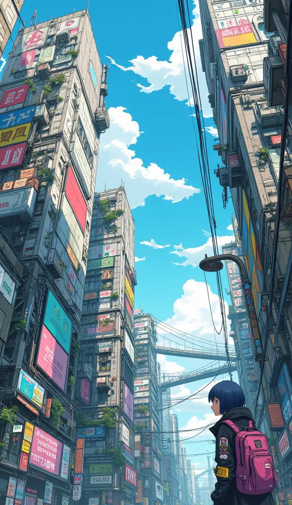 An anime-style scene in a futuristic, cyberpunk cityscape viewed using a fisheye lens from a very low angle, looking up at the towering, worn-down buildings. The buildings feature large, colorful billboards and neon signs, blending decayed urban structures with futuristic technology, some are slightly overgrown with patches of greenery. Overhead, there are interconnected bridges and wires stretching across the sky, which is bright with soft clouds. Among the tall buildings, at the bottom right corner of the image is a young girl with short, dark blue hair stands with her back to the viewer, wearing a backpack and a jacket adorned with patches. She gazes upward in awe, overwhelmed by the towering structures. The buildings are mostly situated at the left side of the image, the buildings are so tall that they penetrate into the clouds in the sky. The scene is full of vibrant colors and detailed line work, typical of anime-inspired art.