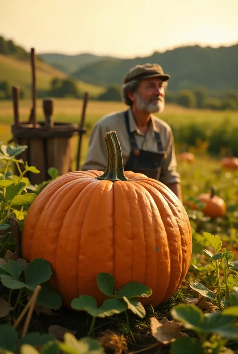 a large pumpkin growing in a field, close-up of pumpkin, sunny farm, expansive farmland, farmer standing nearby, warm, cozy scene, (best quality,8k,highres,masterpiece:1.2),ultra-detailed,(realistic,photorealistic,photo-realistic:1.37),highly detailed pump...