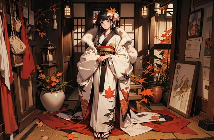 (((flat art)))、(((kimono、autumn leaves、maple、 fur_trim, , long-sleeved kimono))),maple、(((flat art)))、sword art,(((a girl with l...