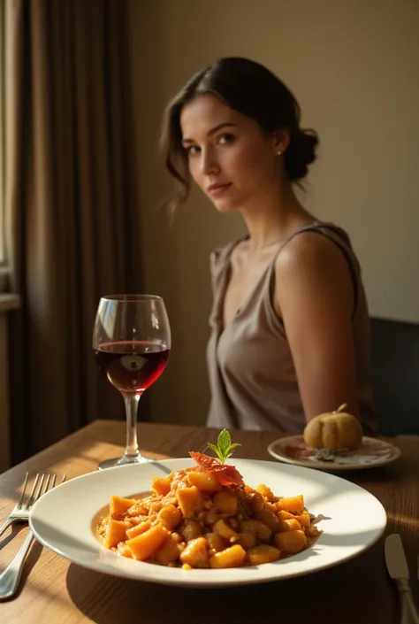 a beautifully plated pumpkin dish, glass of wine, beautiful woman, soft natural lighting, refined studio lighting, 8K quality, photorealistic, highly detailed, dramatic lighting, cinematic composition, elegant still life