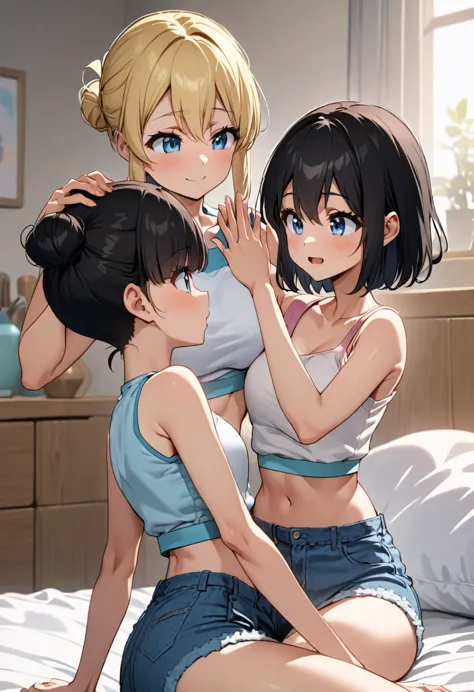 best resolution, conjoined anime girl, two torsos,high-five,  black hair, blonde hair, hairbun and pixie cut, croptop, denim sho...