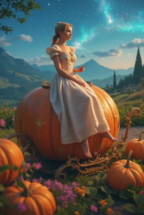 a beautiful fairytale cinderella riding on a pumpkin carriage, surreal, artistic, dreamy, highly detailed, 8k, cinematic lighting, intricate design, photorealistic, vibrant colors, fantasy, elegant, masterpiece