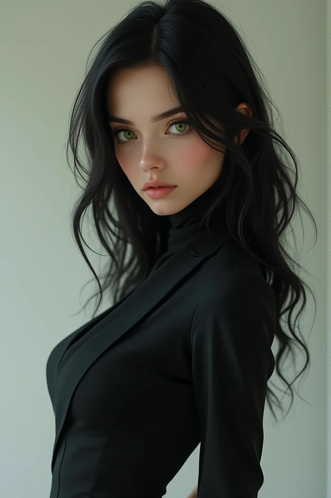 pretty, black hair, Eyes green, lost look, wearing black suit and mini tight skirt, full head