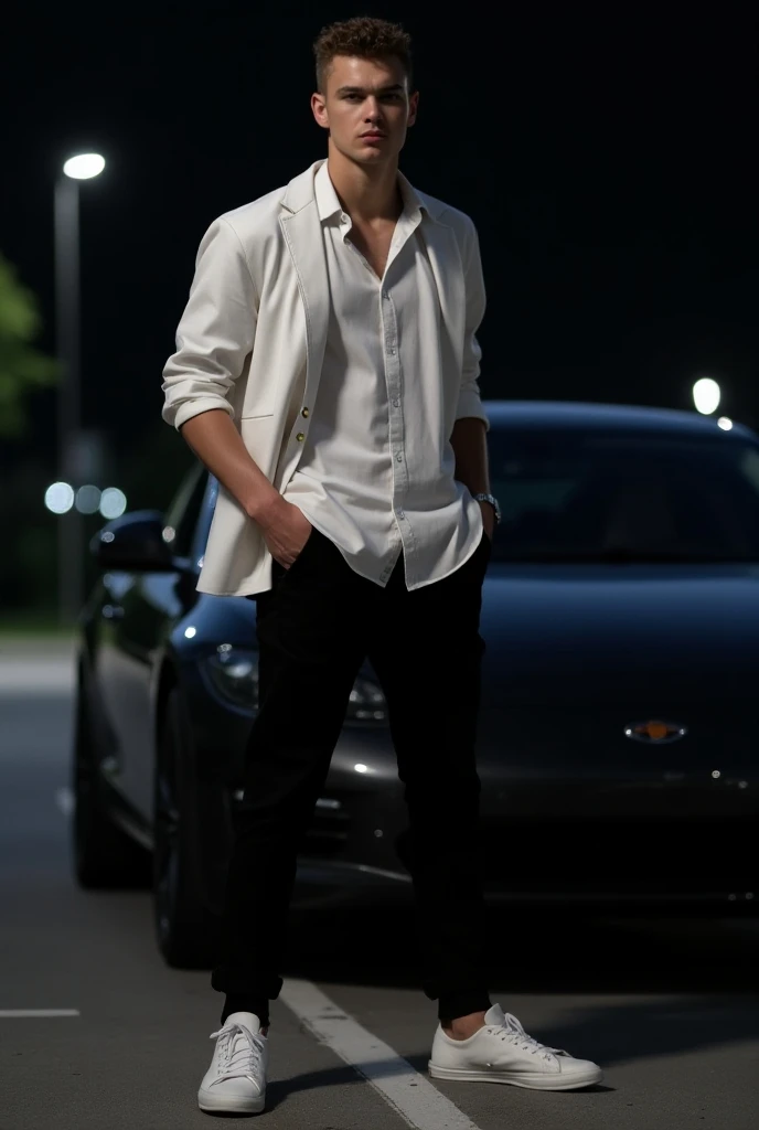 a man . Toned and tall Latest model car black  pants White shirt, white Converse Young Male Night University parking lot 