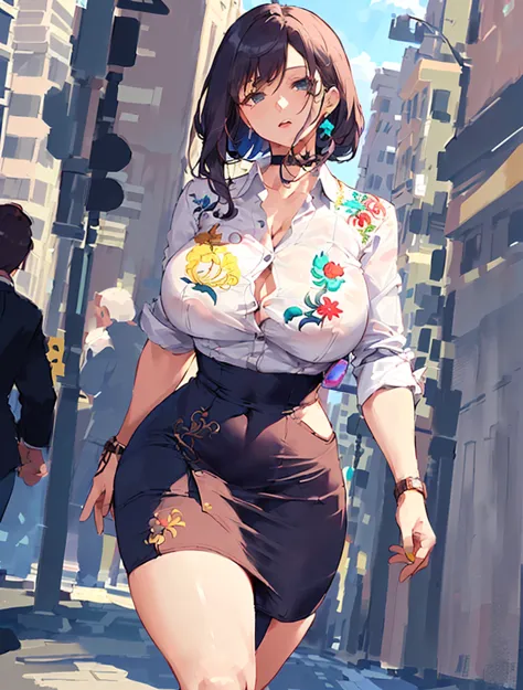 (( best quality ,  a girl,   big breasts , big hips, thin waist ,  tight dress shirt  , embroidered waist-length skirt  , in the...