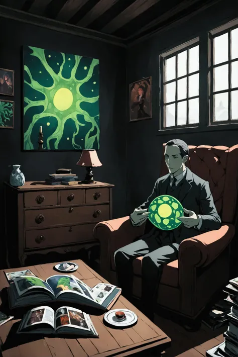  someone is holding a green amoeba in their hands in a dark room、 Messy Room、chair、window、Reusch、Stylized Paintings 、Speed Painting、Digital painting inspired by the painting of a woman on a black background in a 、 Lovecraft atmosphere 、Low quality image 、 ...