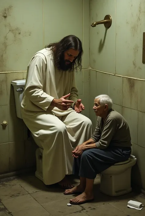  Christ who comes out saying hello from the toilet of a very dirty toilet in a public bathroom , While an old lady is sitting on the toilet 