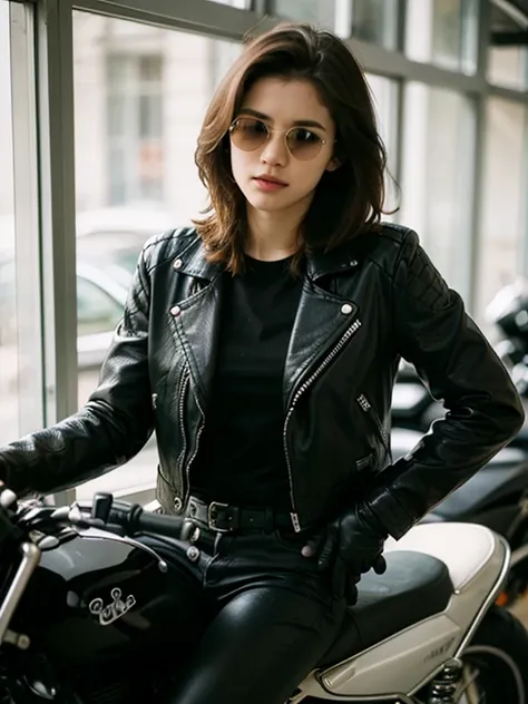 SFW, A beautiful woman, (1girl, solo, 23yo), stunning, (medium wavy dark-haired), (pale skin:1.2), wears (Rayban Aviator Sunglasses, leather jacket, leather gloves, leather pants), Riding on a BMW heavy motorcycle, (eyes to camera, looking at viewer), mess...