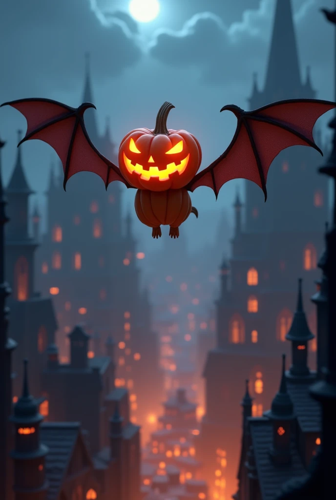 A pumpkin with bat wings flying over a dusk-shrouded city,rens laughter,Halloween night scene,3D animated,refined design,8K quality,highly detailed,cinematic lighting,moody atmosphere,dynamic composition,vivid colors,spooky,whimsical,fantastical,surreal