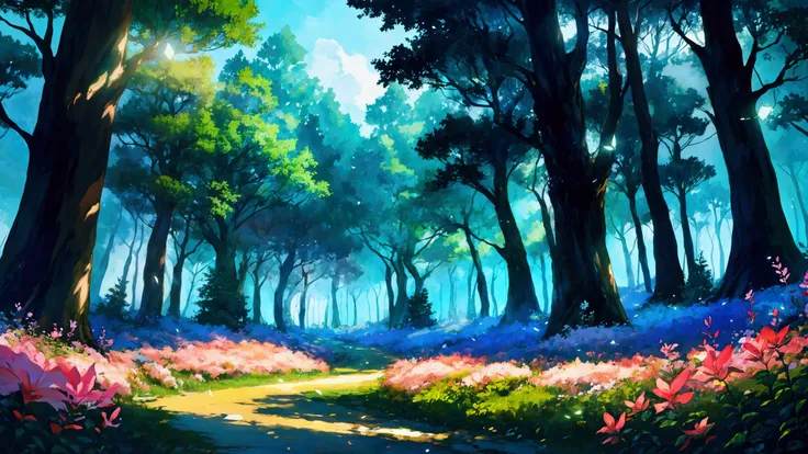 Glowing Forest Cozy Day Sparkling ,morning , Lofi anime style , landscape , natural , Small, beautiful, glowing flowers