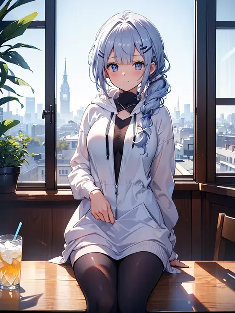 one girl , curly ponytail, smile,  blue eyes , view drinks ,wear a white hoodie, (living）, (（morning）), masterpiece, 8k,  perfec...