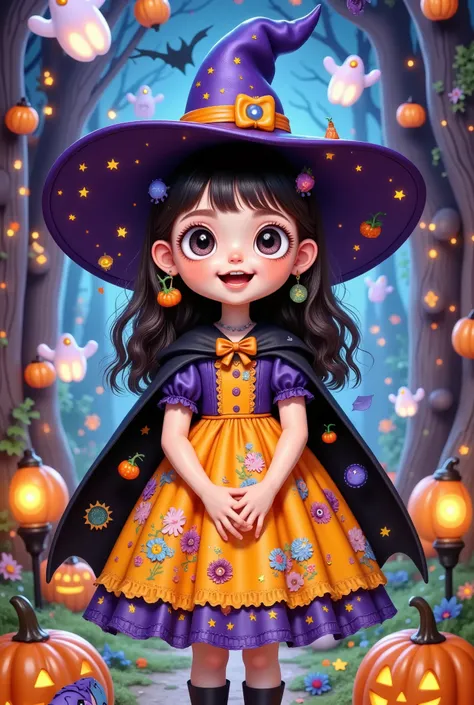a cartoon girl in a witch costume holding a trick or treat, witch girl, Halloween art style , bright witch, portrait of a young witch girl, witch fairytale, fantasy art style , 可爱详细数字艺术, Cute digital painting, Halloween style, portrait of a young witch, ...