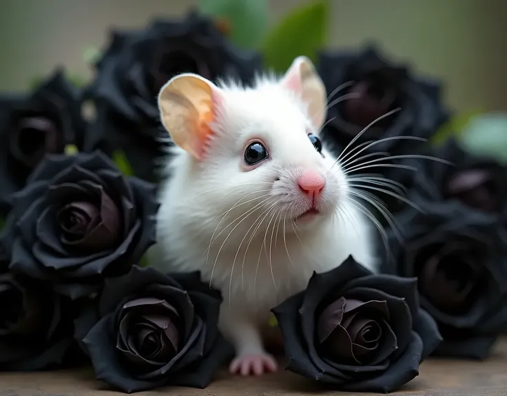 Realistic photography white Hamster with black Roses