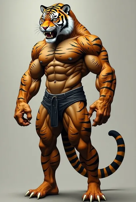 body builder human body, tiger color, tiger head, human face, tiger tail, human arm, tiger fist, tiger feet, standing, whole body