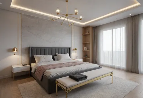 modern bedroom design, luxurious interior, ((high resolution image, 8k, detailed anatomy of each object, rough surface, super de...