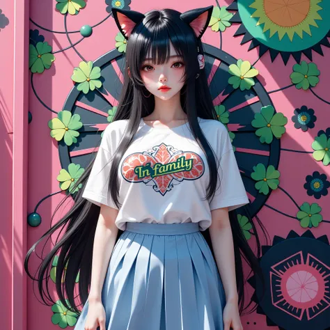 1 woman, shiny black long hair,  black cat ear headband ,  pink lips , beautiful face, smile some., t-shirt, light blue skirt, p...