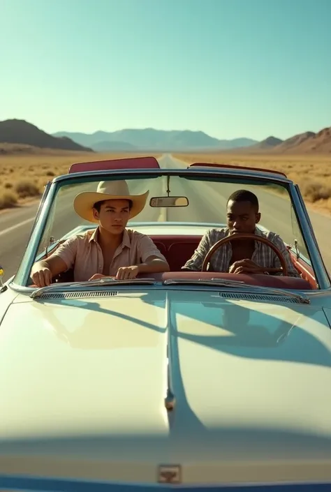 Young white Man wearing a cowboy hat in a white 1965 continental convertible full carsnpther man driving with darker skin