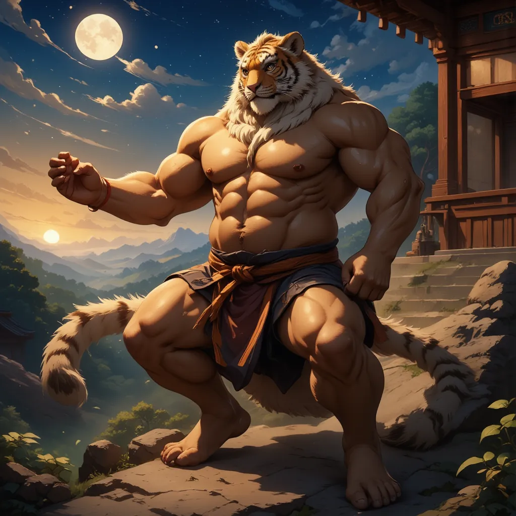 character focus, full body, looking away, dynamic angle, wuxia, daoist, a muscular middle-aged chinese tiger man, full body in m...