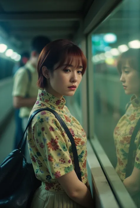  cinematic pictures , Wong Kar-wai, indoor, Night view,   Taiwanese woman in vintage blouse and vintage khaki pants,40 years old、 She has short red hair ,  she looks down and smiles timidly  , Sitting at the bus stop,Stains、Mole、  textured skin  ,  Photo t...