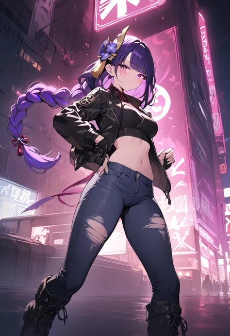 a punk rock girl, 1girl, leather jacket, ripped jeans, combat boots, grungy, moody expression, cityscape background, neon lights...