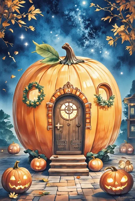 a vibrant orange pumpkin house is adorned with a carved wooden door, adorned with wreaths and a window. the house is surrounded ...