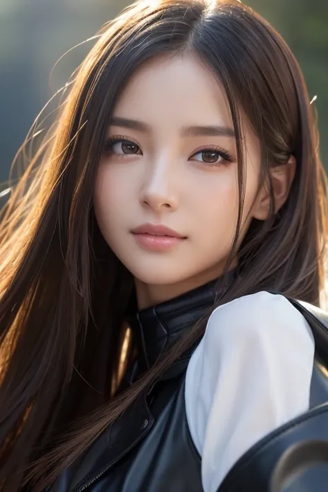 Knee-high boots、  face close-up、
Huge 、Long brown hair、Shiny, Oily skin、    glowing skin  、  white skin、Flying debris,   best quality  , Realistic,   very detailed  , finely,  Kampala ,   8k Dende wallpaper , Beautiful woman,, Light Brown,  unkempt hair,  ...