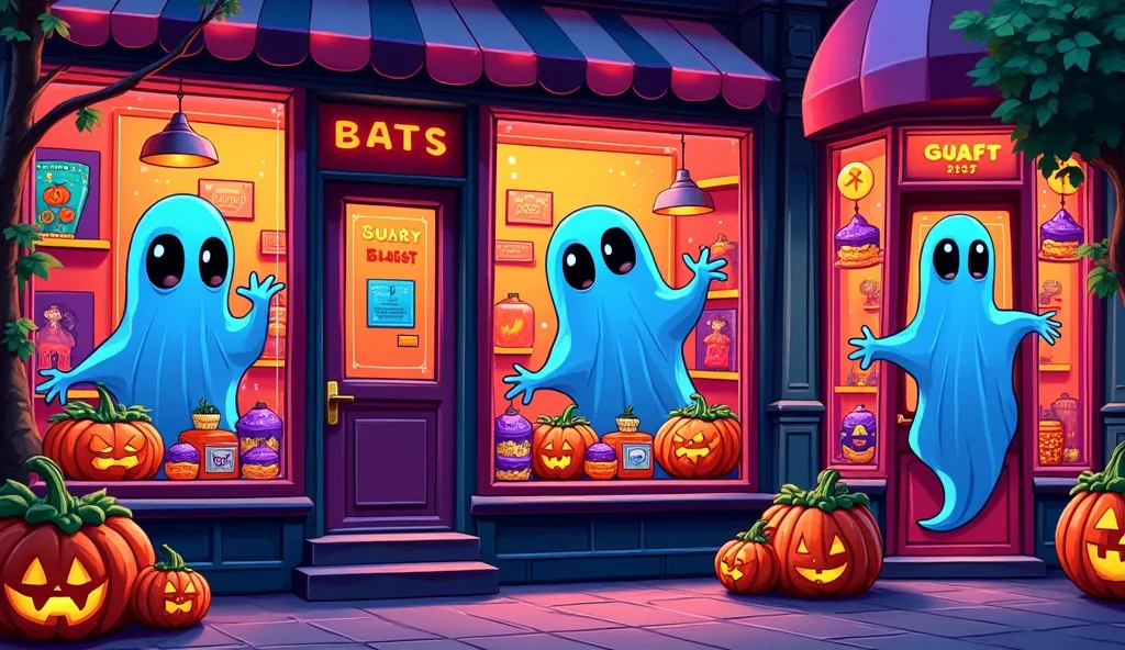 in a pop art style, with a close-up, a row of colorful storefronts on the street are filled with halloween treats and costumes. ...