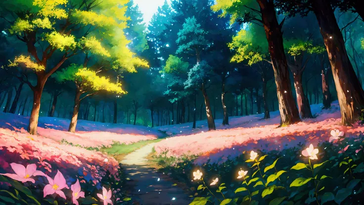 Glowing Forest Cozy Day Sparkling ,morning , Lofi anime style , landscape , natural , Small, beautiful, glowing flowers
