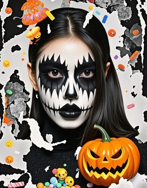 halloween style portrait photography ，black and white color blend ，double exposure， halloween makeup blurs the silhouette of a p...