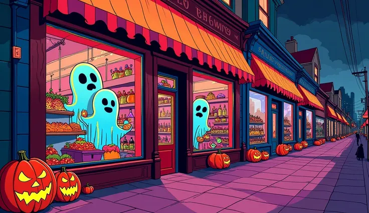 in a pop art style, with a close-up, a row of colorful storefronts on the street are filled with halloween treats and costumes. ...