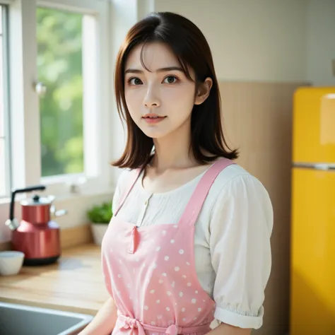 the image is a close-up of a young asain woman,grinning and  standing in a kitchen. she is wearing a white blouse with pink and ...