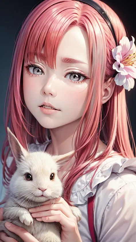 detail, Realism, 4K, , 脸部detail, Big yellow eyes,  full lips ,   nose up  , Gray hair，With pink hair,  in a white dress , Holding a rabbit in hand,  background is a flower , White butterfly in the foreground, Realistic shooting,  Depth of Field, Soft front...