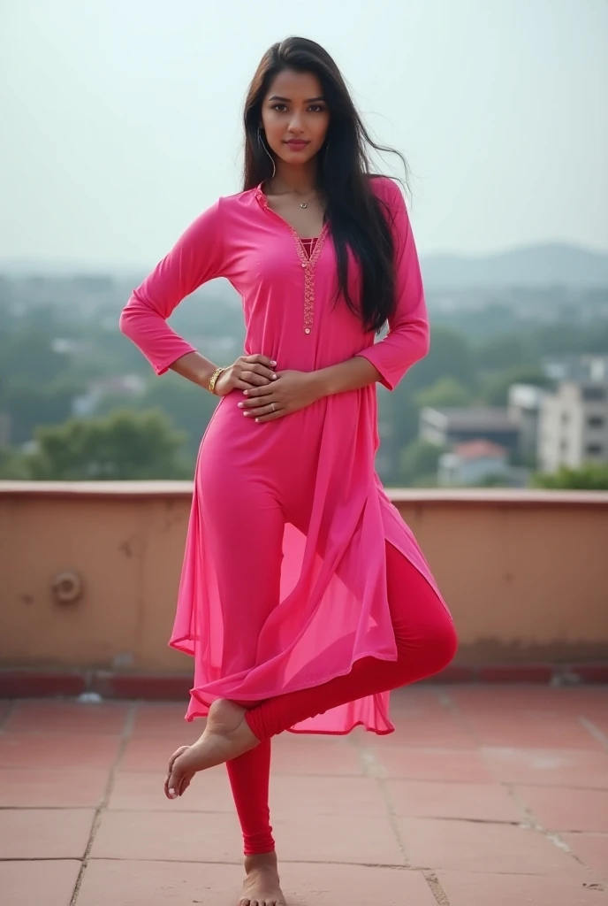     girl churidar indian kurti tight legging pink tight on roof legs open pose one leg up pose full image from head to leg tight leggings one leg up tight legging in tight no salwar no plazo only tight leggings hot leggings with kurti indian churidar girl ...