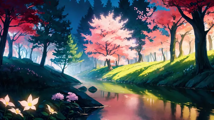 Glowing Forest Cozy Day Sparkling ,morning , Lofi anime style , landscape , natural , Small, beautiful, glowing flowers, river