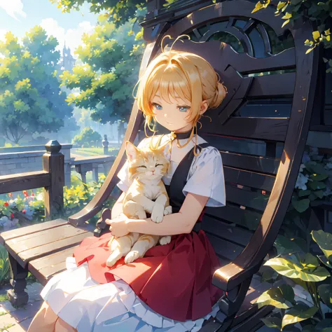  girl、triumphantly 、Green、 watch the audience 、Long Hair、Ahoge、blonde、Drill Hair、 blue eyes 、Oblique eyes、 half-closed eyes、 stroke the kitten's head with one hand ,  the kitten facing right is sleeping on your lap、Nice red dress、Evening Gloves、long term、Sitting in a luxurious chair、Luxurious aristocratic room、Speedy Shot、masterpiece、 best quality 、 Details、超 Details、超 Details、めちゃくちゃ Details、 Exquisite、beautiful、Full HD、16k、cute、 fantasy、A vibrant academic community、Chibi Anime、 icon、 soft line design that caught a big fish、Soft Surface、Simple line drawing、 Full Body Shot 、Front View、The best light、 fast shutter speed 、 leaning against a tree 、Rich color、Vibrant colors、Bright colors、 dreamy watercolor painting 、Best move