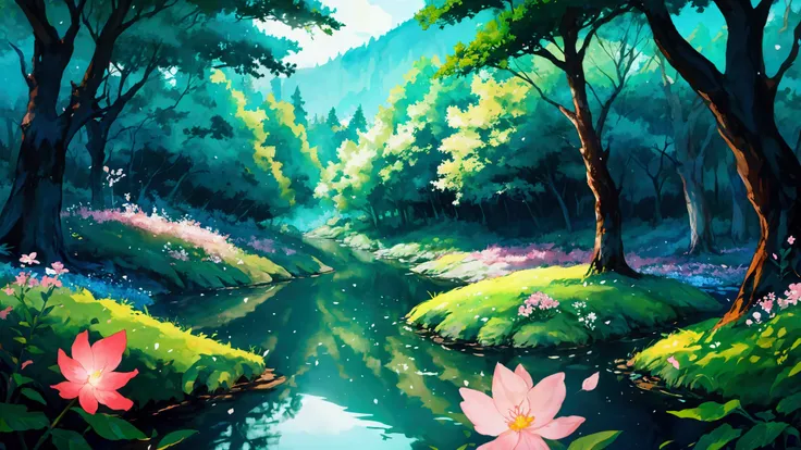 Glowing Forest Cozy Day Sparkling ,morning , Lofi anime style , landscape , natural , Small, beautiful, glowing flowers, river